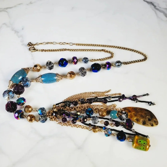 Glass Bead Tassel Necklace Long Vibrant Oil Slick Purple Blue Green Cera… - Picture 2 of 10